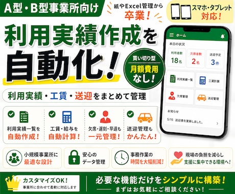 A型・B型事業所向け勤怠・利用実績管理を構築します 工賃計算・送迎管理・利用実績一覧まで対応／ぽちっと工賃勤怠 イメージ1