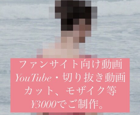 ファンサイト向けのモザイク加工、カットを致します 秘密厳守、最安値で編集。BGM、テロップ、色調整も可能です。 イメージ1