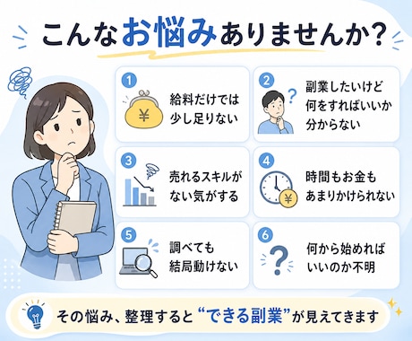 毎月あと3万円ほしい方へ！副業を一緒に作ります 「あと少し収入があれば」を、具体的な副業に変えます。 イメージ2