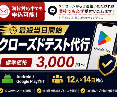 Androidクローズドテスト実施を代行します QAエンジニア12名が14日間のテストを代行【最短当日開始】 イメージ1