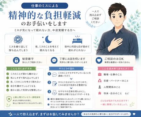 仕事のミスによる精神的な負担軽減のお手伝いをします ミスが気になって眠れない方、中途覚醒する方へ イメージ1