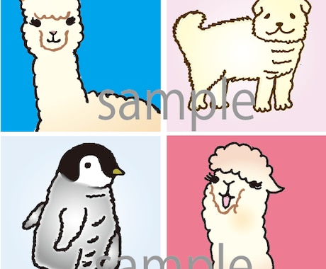 モフモフしたアルパカ、サモエド犬、ペンギンの子どもをコミカルなキャラクターにして描きます。 イメージ1
