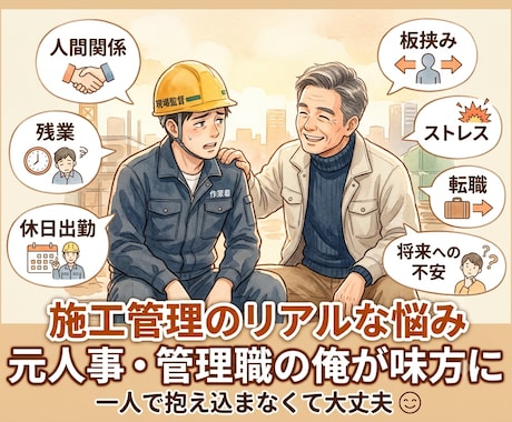 施工管理のリアルな悩み、私がが味方になって聴きます 現場の修羅場も上の本音も全部分かるが、120%あなたの味方！ イメージ1