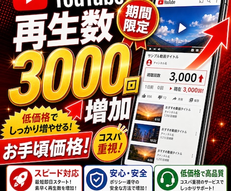 期間限定！最安！Youtube再生数3千増やします 期間限定の価格崩壊！同サービスと比較してください イメージ1