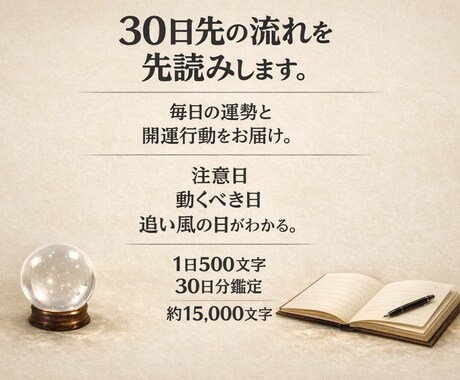 30日先を先読みし毎日の運勢と開運行動を届ます 1日ごとの追い風・注意日・動くべき瞬間までの運勢カレンダー イメージ2