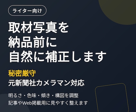 ライターの取材写真を原稿納品前に補正します 秘密厳守・元新聞社カメラマン対応 イメージ1