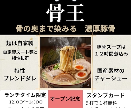 濃厚とんこつラーメン店向け チラシ作成します 食欲をそそる写真と行動を促すQRで新規集客来店につなげます。 イメージ1