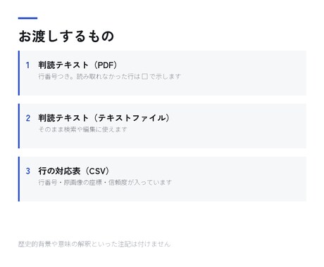 くずし字・古文書を判読してテキストにします 江戸期以前の原本写真から、翻刻テキストと行対応表を渡します イメージ2