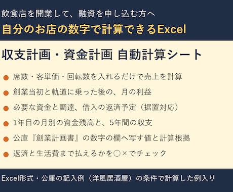 飲食店開業の収支・資金計画Excelを提供します イメージ1