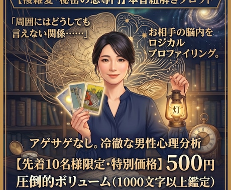 複雑愛◆秘密の恋のお相手の隠された本音を占います 誰にも言えない秘密の恋。あなたの唯一の味方として支え抜きます イメージ1