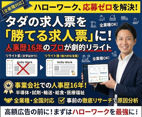 全業種対応！ハローワーク求人票を劇的リライトします ★人事歴16年のプロが「タダで採用できる」勝てる求人票を作成 イメージ1