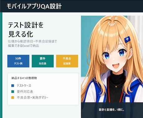 アプリのテスト設計をExcelで整理します 要件対応・不具合票・自動集計まで一式納品 イメージ1