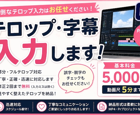 動画の「テロップ・字幕入力」迅速・丁寧に承ります 迅速・丁寧なテロップ入力で、あなたの動画制作をサポート！ イメージ1