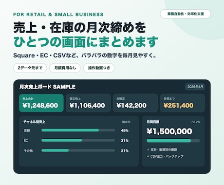 小売店の月次売上・在庫を自動集計します Square・EC・CSVをまとめ月次締めを短縮 イメージ1