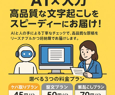 面倒な文字起こしプロがAIで高速高品質に解決します 音声データを送るだけ。あとはプロにお任せください。 イメージ1