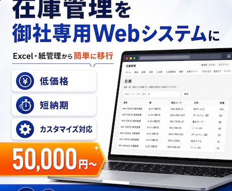御社専用の在庫管理Webシステムを構築します 完成済みシステムをベースに低価格・短納期で個別にカスタマイズ イメージ1
