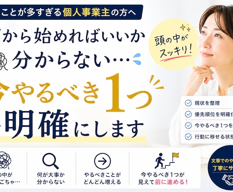 何から始めればいいか分からない状態を解消します 今やるべき1つを明確にして前進をサポートします イメージ1