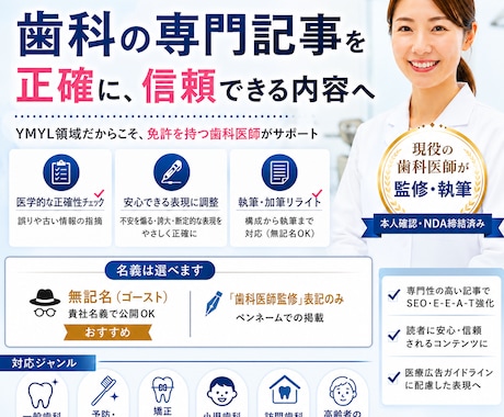 現役歯科医師が歯科記事を監修・執筆します 免許を持つ現役歯科医師が監修。無記名・ゴースト対応OK イメージ2