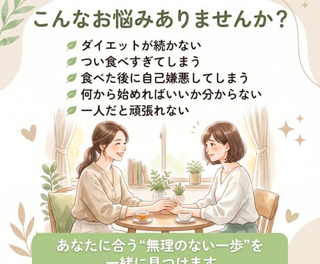 一人で続かないダイエットの悩みを整理します 30分で今の悩みを整理し、無理なく続ける方法を共に見つけます イメージ2