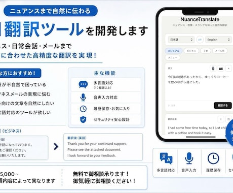 ニュアンスまで自然に伝わる翻訳ツールを開発します 5つのシーンに応じた翻訳が可能です イメージ1