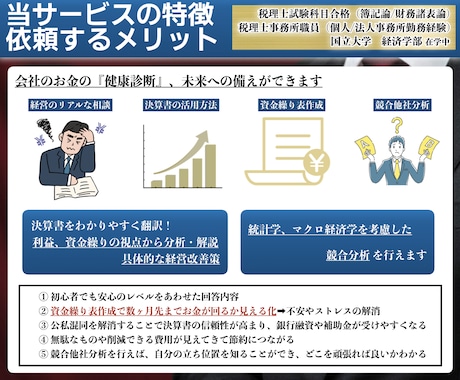 簿記/会計のプロが事業改善、財務コンサルします 競合分析/倒産リスク軽減/融資/記帳/簿記/初心者OK イメージ2