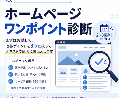 ホームページの気になる点をサクッと診断します まずはお試しで。3つの改善ポイントを簡潔にお伝えします イメージ1
