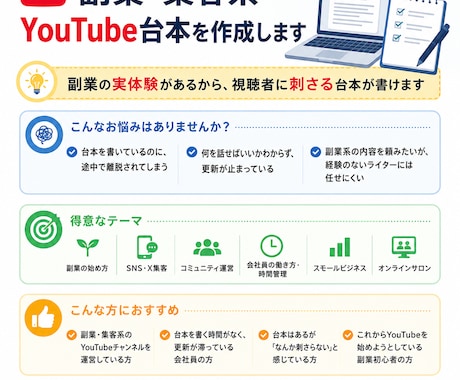 副業コーチング・コンサル系の動画台本を作成します 元メーカー設計職→独立経験者が5段階構成で執筆 イメージ1