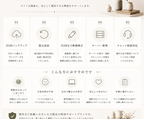 制作後も安心の保守・運用サポートを行います 制作をご依頼いただいた方限定で保守管理を承ります イメージ2