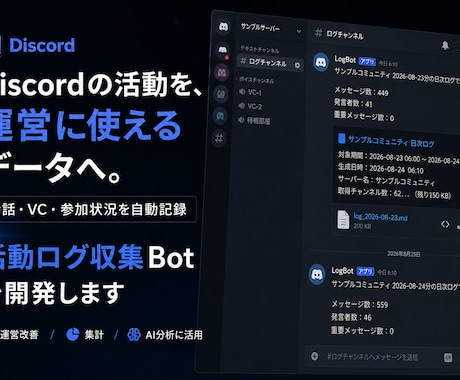 Discordの活動ログ収集Botを開発します 会話・VC・参加状況を記録し、運営改善やAI分析に活用 イメージ1