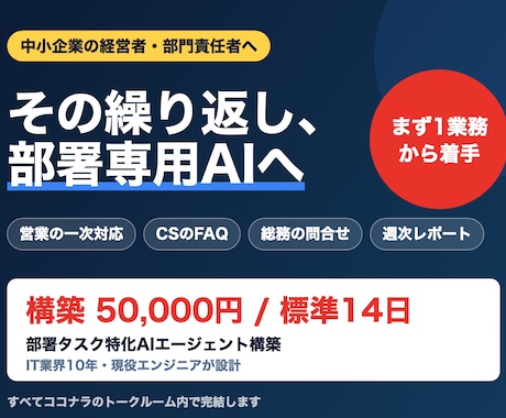 部署タスク特化のAIエージェント構築します 営業・CS・総務の繰り返し業務を、部署専用AIに移す イメージ1