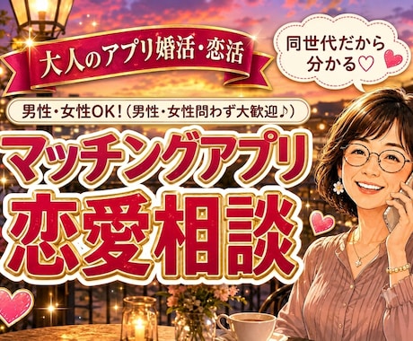 60代歓迎！大人のアプリ婚活共感してお話聴きます 40〜60代のマチアプリ相談！否定せず共感してお話聴きます イメージ1