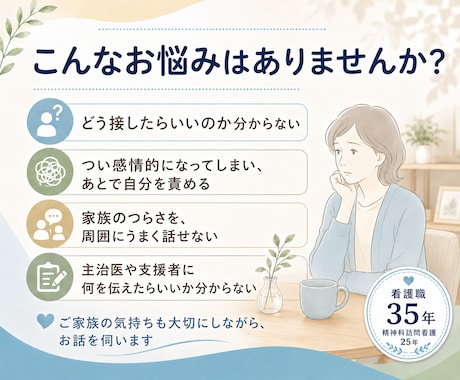 精神科訪問看護25年、ご家族の悩みをお聞きします 家族の苦しさは、周囲にはなかなか伝わらない イメージ2