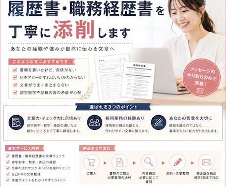 履歴書・職務経歴書をブラッシュアップします あなたの経験を盛らずに、素直に、伝わる文章へ整えます。 イメージ1