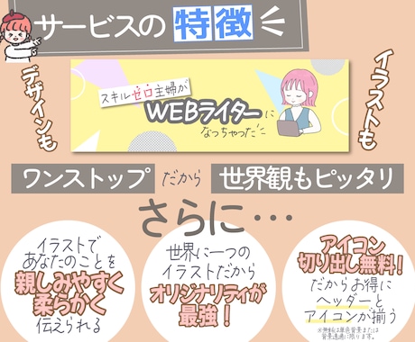 イラスト入りヘッダー・バナー・黒板風画像作成します アイコン切り出し無料！統一された世界観であなたをアピール イメージ2