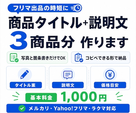 フリマ商品のタイトル・説明文を3点分作ります 写真と箇条書きだけ。価格目安つきでコピペ用に整えます イメージ1