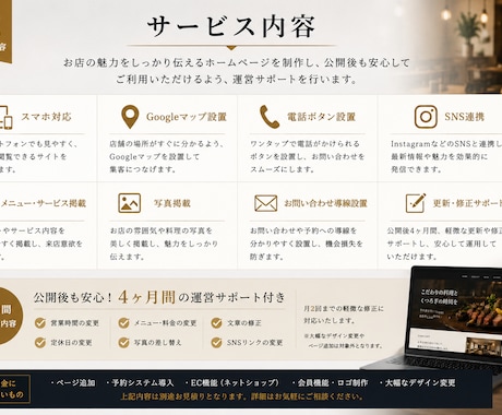店舗ホームページを4ヶ月間制作・運営サポートします 店舗向けホームページを4ヶ月サポート付きで制作します イメージ2