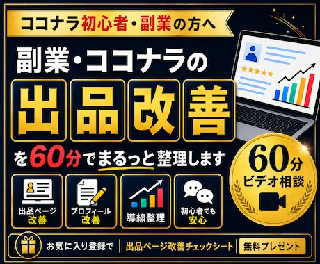 副業・ココナラ出品改善を60分でまるっと整理します ココナラ・副業相談・初心者向け出品ページ改善と導線整理・分析 イメージ1