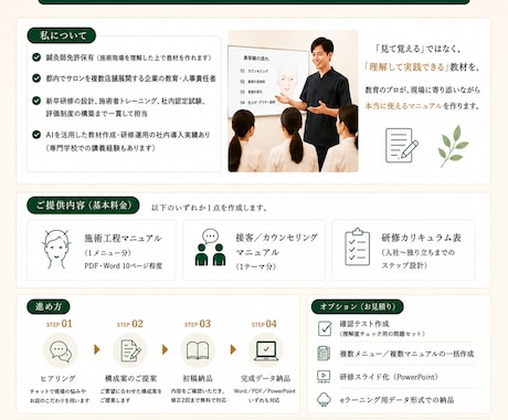 サロン・治療院の研修マニュアルを作成します 現役サロン教育責任者が”現場で本当に育つ”教材を作ります イメージ2