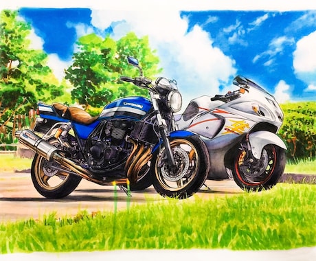 車・バイクのイラスト描きます 背景の空は、青空・夕焼け・星空に変えられます！ イメージ1