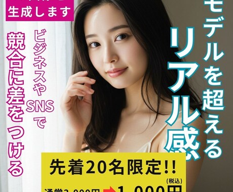 先着20名限定！プロ級のAIモデル画像を作ります あなたの集客と発信力を変える、プロ級の映える1枚を イメージ1