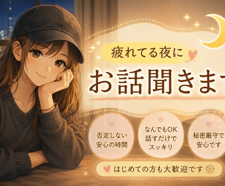 寂しい夜に。友達みたいにゆるく話せます 夜限定｜時間相談可能 | モヤモヤ・愚痴・恋愛・なんでもOK イメージ1