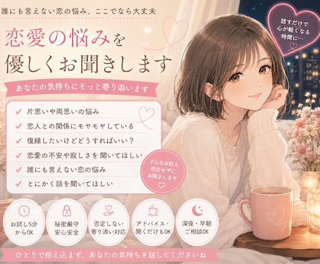 恋愛の悩みを優しくお聞きします 片思い・復縁・不安な気持ちもひとりで抱えないで イメージ1