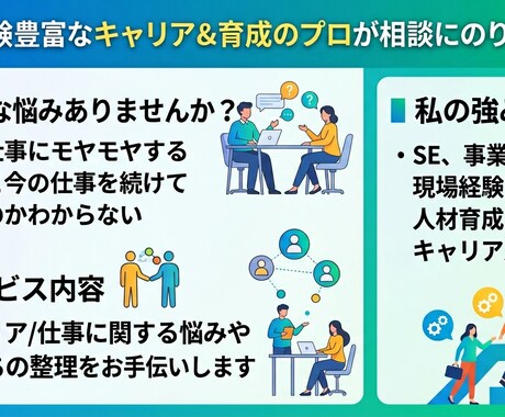 現場経験豊富なキャリア&育成のプロが相談にのります SE/事業開発/人材育成経験者によるキャリアコンサルティング イメージ1