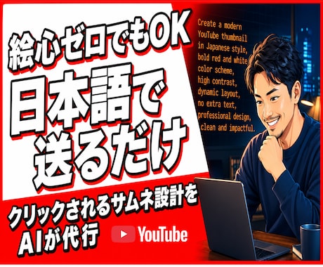 YouTubeサムネ作成のAIプロンプト販売します 案：英語プロンプトの暗記も構図の悩みも不要。日本語で送るだけ イメージ1