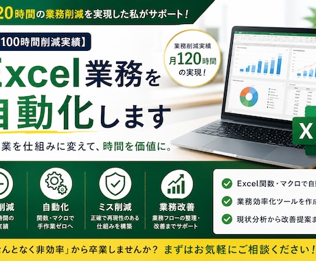 月100時間削減実績　Excel業務を自動化します その繰り返し作業、仕組みで解決します イメージ1
