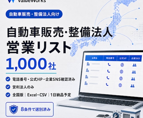 自動車販売・整備法人リスト1000社を納品します イメージ1