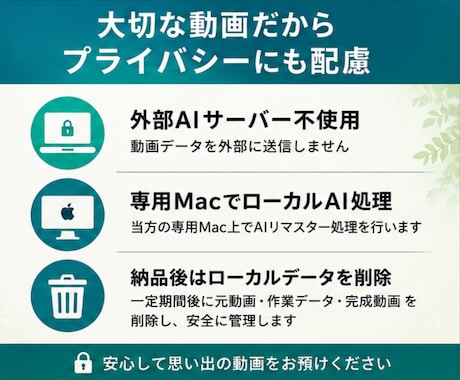 古い低画質動画をAIで高画質リマスターします 大切な思い出を高解像度の動画に　プライバシーを重視しています イメージ2