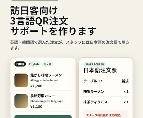 飲食店向けQR注文を作ります 英語・韓国語の注文が日本語票で届きます イメージ1