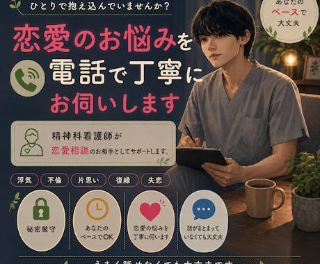 精神科看護師が男性目線で恋愛相談に乗ります 浮気、不倫、片思い、様々なお悩みの相談を気軽にどうぞ イメージ1