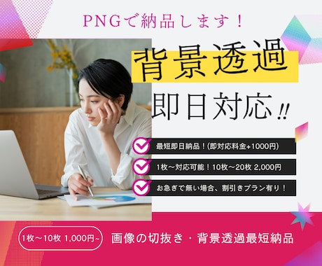 最短即日納品、画像の背景透過PNG納品します 1枚〜10枚まで1,000円〜対応します！ イメージ1